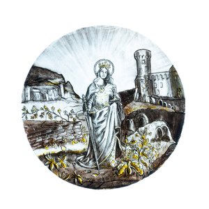 Gesign. Le Pluy, Lille: twee grisaille en zilvergeel beschilderde glazen medaillons met Sint-Catharina en Sint-Barbara, 19/20e eeuw — foto 2