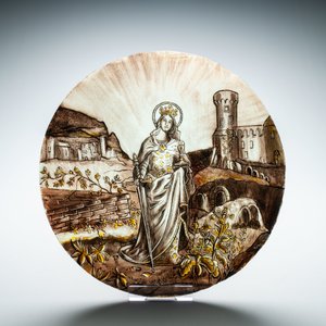 Gesign. Le Pluy, Lille: twee grisaille en zilvergeel beschilderde glazen medaillons met Sint-Catharina en Sint-Barbara, 19/20e eeuw — foto 5
