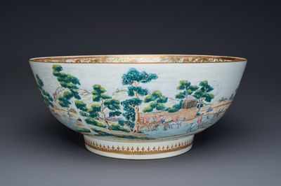 Grand bol en porcelaine de Chine famille rose à décor de la chasse aux renards, Qianlong