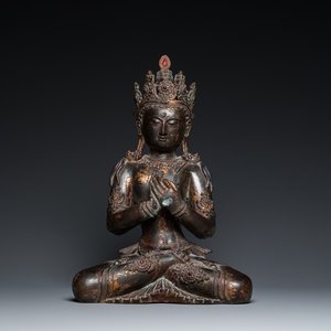 Grand Bouddha en bronze doré et laqué, Sino-Tibet, 19/20ème — photo 1