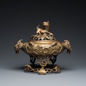 Grand brûle-parfum tripod et son couvercle ajouré sur socle en bronze, Chine, 19ème — photo 2