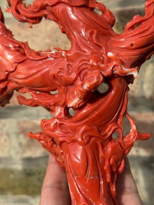 Grand groupe de déesses parmi des nuages en corail rouge sur socle en bois, Chine, 19/20ème — photo 14