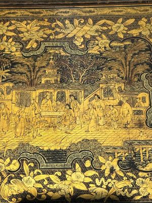 Grand plateau, trois boîtes et un éventail en laque noire et dorée, Canton, Chine, 19ème — photo 16