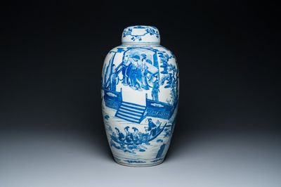 Grand pot couvert en porcelaine de Chine en bleu et blanc à décor narratif, 19ème