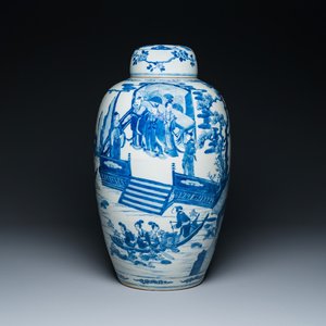 Grand pot couvert en porcelaine de Chine en bleu et blanc à décor narratif, 19ème — photo 1