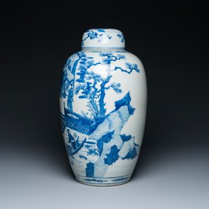 Grand pot couvert en porcelaine de Chine en bleu et blanc à décor narratif, 19ème — photo 2
