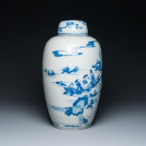 Grand pot couvert en porcelaine de Chine en bleu et blanc à décor narratif, 19ème — photo 4