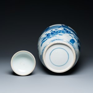Grand pot couvert en porcelaine de Chine en bleu et blanc à décor narratif, 19ème — photo 6