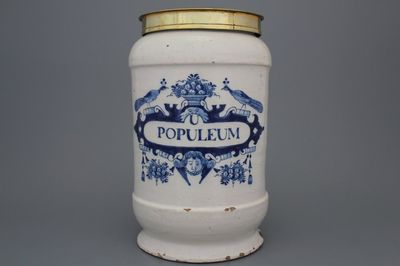 Grand pot de pharmacie couvert, forme albarello, en faïence de Delft, bleu et blanc, 18e
