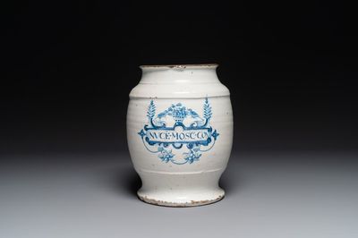 Grand pot de pharmacie de type albarello en faïence de Delft en bleu et blanc, probablement Angleterre, 18ème