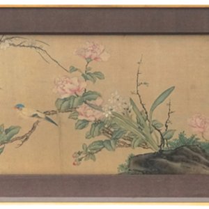 Grande peinture sur rouleau, encadrée, à décor d'oiseau et de fleurs, Chine, 18e — photo 1