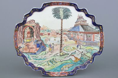 Grande plaque en faïence de Delft à petit feu et doré, décor scéne de la ville biblique de Sodom, env. 1720