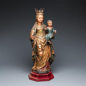 Grande Vierge à l'Enfant en bois sculpté et polychromé, Flandres, 16/17ème — photo 1
