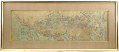 Groot Chinees ingelijst schilderij, met een dorp in een rotsachtig landschap, 18e-19e eeuw