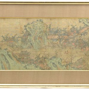 Groot Chinees ingelijst schilderij, met een dorp in een rotsachtig landschap, 18e-19e eeuw — foto 1