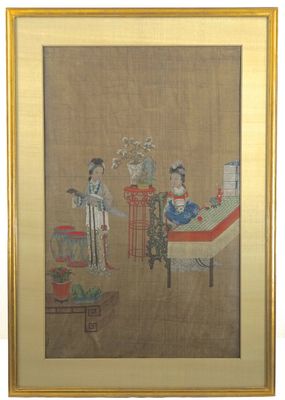 Groot Chinees schilderij op zijde met 2 dames waarvan één met een qin, 18e-19e eeuw