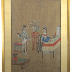 Groot Chinees schilderij op zijde met 2 dames waarvan één met een qin, 18e-19e eeuw — foto 1