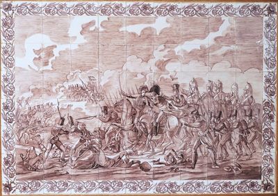Groot Delfts tegeltableau in mangaan met de voorstelling van "De Slag van Waterloo", ca 1820