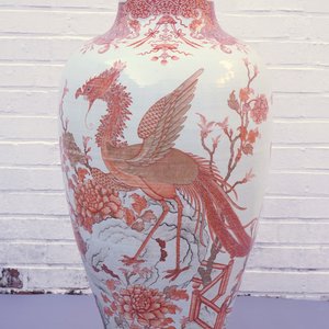Grote Chinese vaas met pauw, in koraal en vergulde fondkleur, Qianlong, 18e eeuw — foto 3