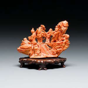 Groupe de huit immortels en corail rouge sur socle en bois, Chine, 19/20ème — photo 1