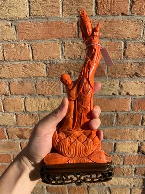 Groupe figurant Guanyin avec un garçon sur une fleur de lotus en corail rouge, Chine, 19/20ème — photo 11
