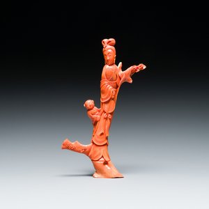 Groupe figurant une femme et un garçon en corail rouge, signé Jue Hai 絕海, Chine, 19/20ème — photo 1