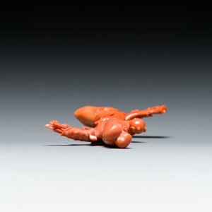 Groupe figurant une femme et un garçon en corail rouge, signé Jue Hai 絕海, Chine, 19/20ème — photo 5