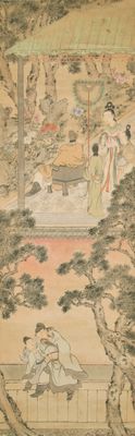 Gu Jianlong (Chine, 1606-1687): Figures dans un jardin, encre et couleurs sur papier, monté