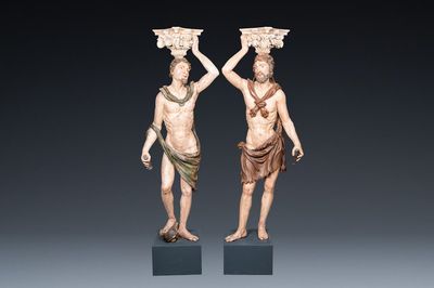 Hercules en Mercurius, een uitzonderlijk paar gepolychromeerde houten telamons, Noord-Italië, 17e eeuw