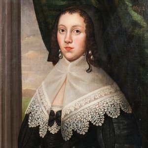 Hollandse school: Portret van een jonge vrouw met kanten kraag, olie op doek, gedateerd 1642 — foto 7