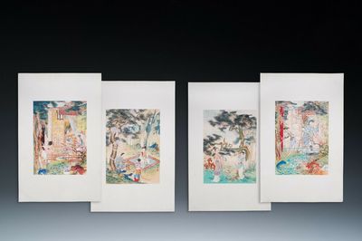 Hu Yefo 胡也佛 (1908-1980): 'Vier scènes uit de Xi Xiang Ji', inkt en kleur op papier