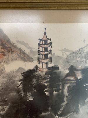 Huang Jusu 黃居素 (1897-1986): 'Mountainous landscape' and Chinese school: 'Pagoda', ink and colour on paper, dated 1969 — 照片 11
