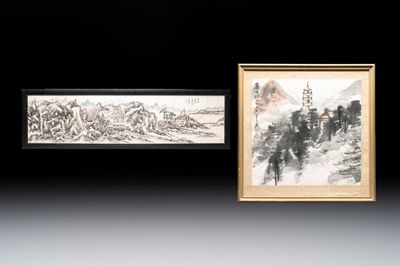 Huang Jusu 黃居素 (1897-1986): 'Mountainous landscape' and Chinese school: 'Pagoda', ink and colour on paper, dated 1969