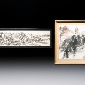 Huang Jusu 黃居素 (1897-1986): 'Mountainous landscape' and Chinese school: 'Pagoda', ink and colour on paper, dated 1969 — 照片 1