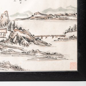 Huang Jusu 黃居素 (1897-1986): 'Mountainous landscape' and Chinese school: 'Pagoda', ink and colour on paper, dated 1969 — 照片 4
