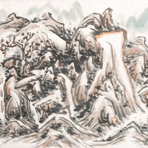 Huang Jusu 黃居素 (1897-1986): 'Mountainous landscape' and Chinese school: 'Pagoda', ink and colour on paper, dated 1969 — 照片 6