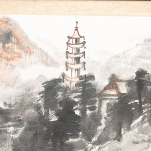 Huang Jusu 黃居素 (1897-1986): 'Mountainous landscape' and Chinese school: 'Pagoda', ink and colour on paper, dated 1969 — 照片 9