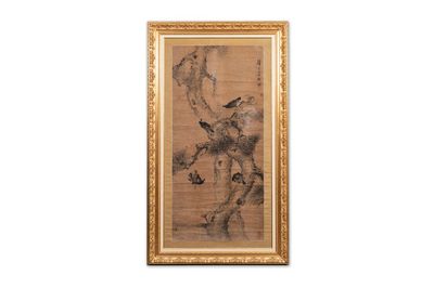 Hui Qishan 讳齐善: 'Pin et pies', encre sur papier, 19ème