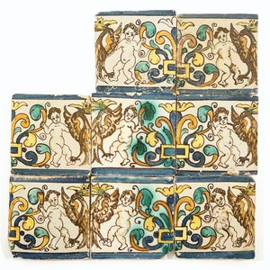 Huit carreaux espagnols ou portugais aux putti et aigles coronnés, 17ème — photo 1