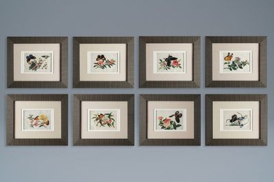 Huit peintures sur papier de riz figurant fleurs et papillons, Canton, Chine, 19ème