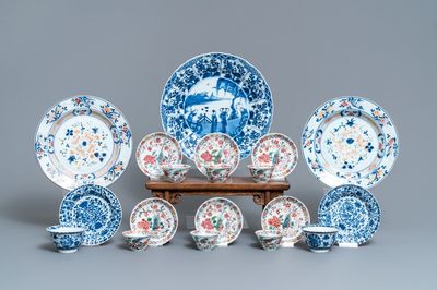 Huit tasses et soucoupes et trois assiettes en porcelaine de Chine famille rose et bleu et blanc, Kangxi/Qianlong