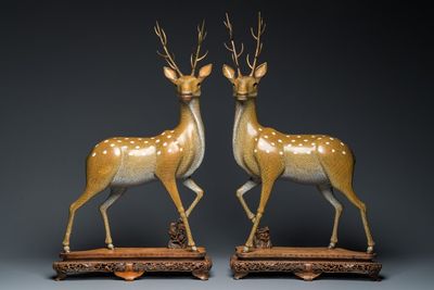 Importante paire de daims en émaux cloisonnés sur socles en bois ajouré, Chine, 19ème — photo 2