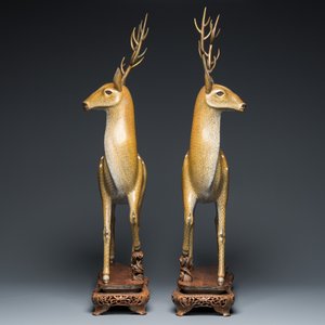 Importante paire de daims en émaux cloisonnés sur socles en bois ajouré, Chine, 19ème — photo 4