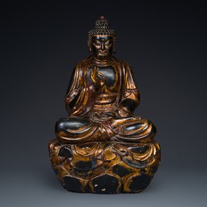 Importante sculpture de Bouddha Shaka en bois laqué et doré, Japon, Edo — photo 1
