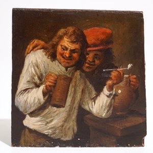 In de stijl van Egbert Van Heemskerk II (1610-1680), "Twee drinkebroers met steengoed kruiken", olie op paneel — foto 2