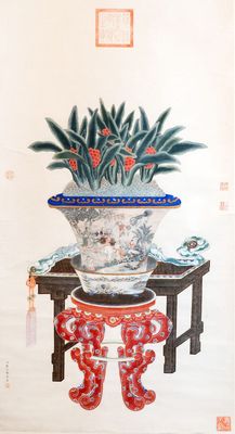 In the manner of Chen Shaofeng 陳兆鳳 (Late Qing Dynasty): 'Qinggong 清供', ink and colour on paper, Cixi mark, 20th C.