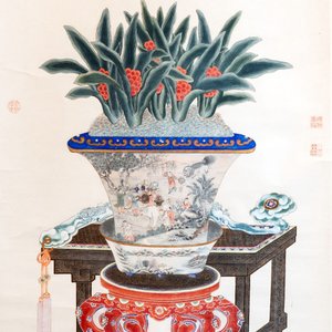 In the manner of Chen Shaofeng 陳兆鳳 (Late Qing Dynasty): 'Qinggong 清供', ink and colour on paper, Cixi mark, 20th C. — photo 1