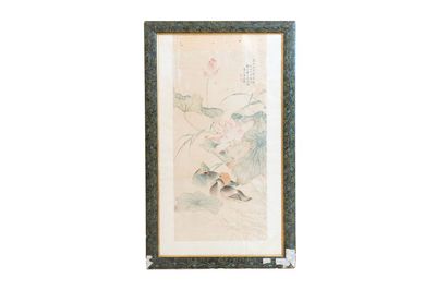In the manner of Jiang Tingxi 蔣廷錫 (1669 - 1732): 'Mandarin ducks and lotus', ink and colour on silk, 19/20th C.