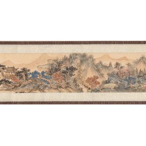 In the manner of Pu Xinyu 溥心畬 (1896-1963): 'Temple in the mountains', ink and colour on paper, with a hongmu wooden box — 照片 2