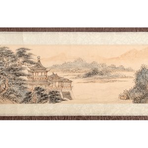 In the manner of Pu Xinyu 溥心畬 (1896-1963): 'Temple in the mountains', ink and colour on paper, with a hongmu wooden box — 照片 3